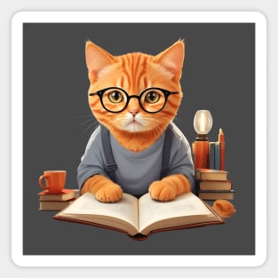 Nerd ginger cat reading book wearing glasses Magnet